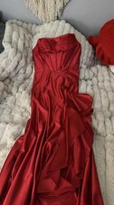 Small Women’s Red Sherri Hill Beaded Prom Dress With Long Ruffled Train