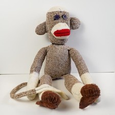 Vintage Classic Sock Monkey Plush Handmade Stuffed Animal with Buttons Eyes