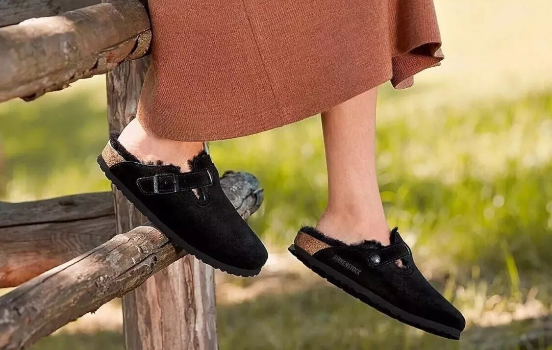 NEW BIRKENSTOCK BOSTON GENUINE SHEARLING LINED CLOG BLACK SUEDE