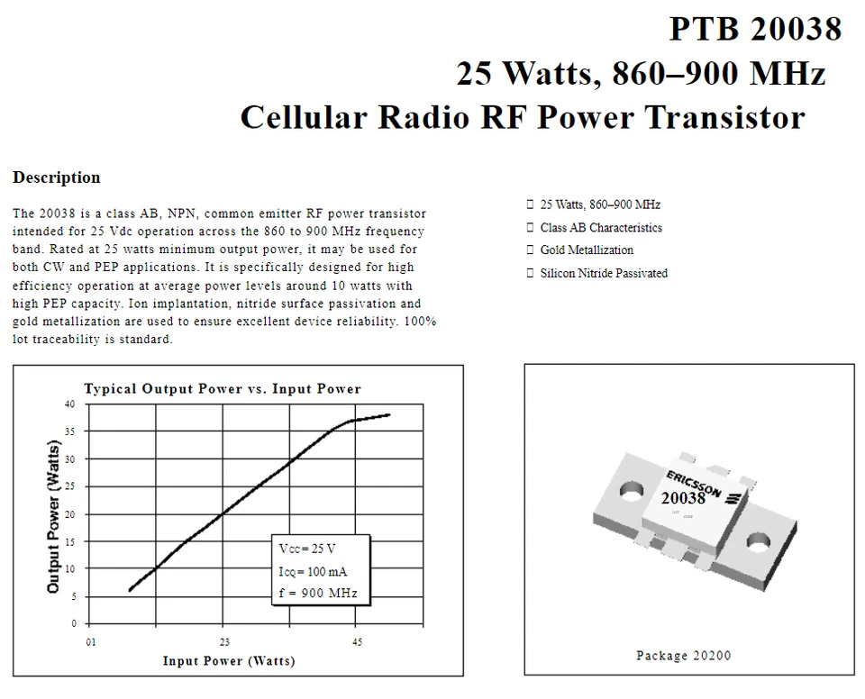 ERICSSON PTB20038 20038 25 Watts 860–900 MHz Cellular Radio RF Power Transistor - Image 3 of 3
