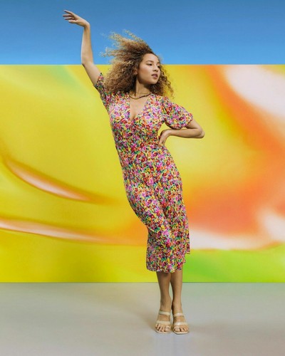 Multi Floral Midi Puff Sleeve Dress 