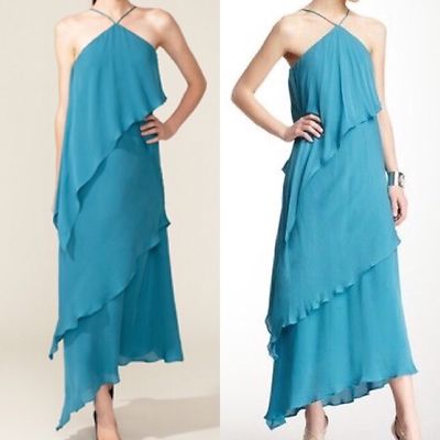 Halston Blaugrün V-Halter Langes Abendkleid Abend Seide Blaues Kleid Xs S M BNWT