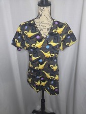 Aladdin Black  Multi-Colored Graphic Scrub Top Women's Size Small
