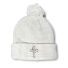 Pom Pom Beanies for Women Cross with Dove Christ Embroidery Acrylic Skull Cap