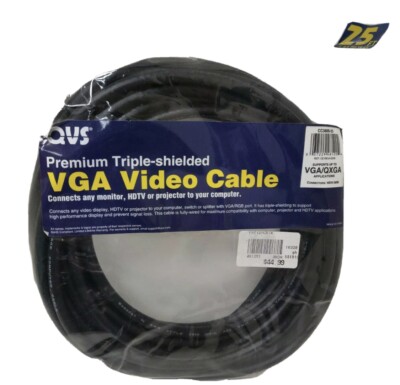 Qvs Cable 25FT Premium VGA HD15 Male to Male Tri-Shield Black