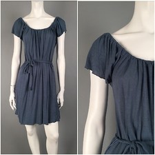 Aubergine : Sm : Gathered Scoop Neck Jersey Tie Waist Peasant Boho Dress Pockets