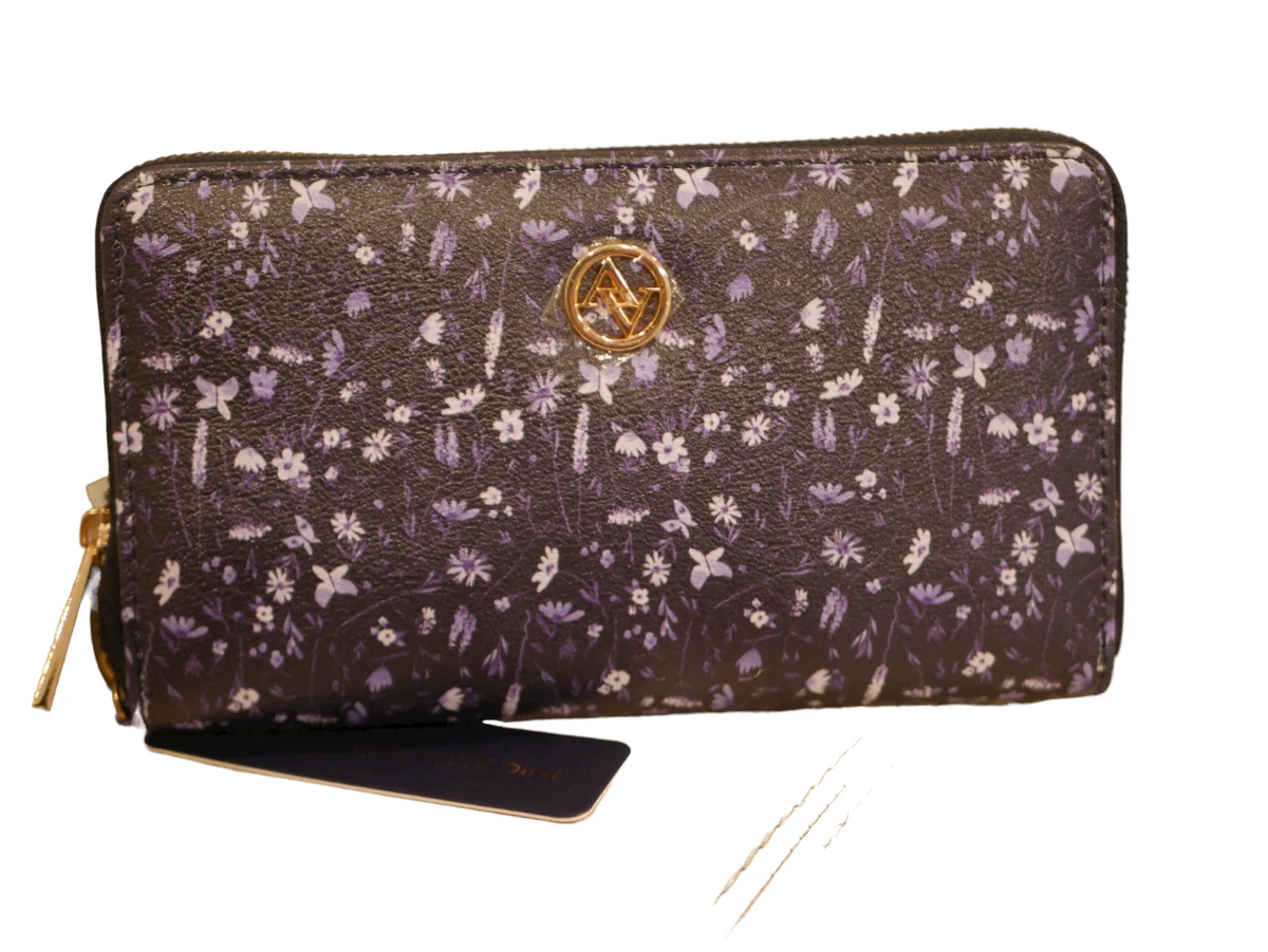 NEWWT ADRIENNE VITTADINI ZIP AROUND WALLET BLACK PURPLE FLOWERS