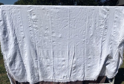 COTTON Fringe Bedspread 108”W X 90”L White Flowers Full Double VGC - Picture 5 of 10