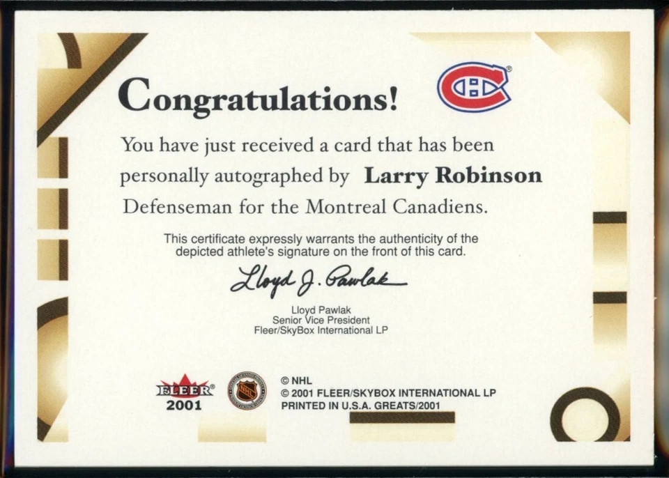 2001-02 Fleer Greats Of The Game Larry Robinson Auto Autograph Canadiens - Image 2 of 3
