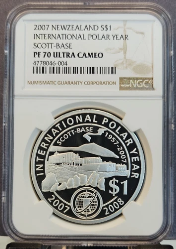 2007 NEW ZEALAND SILVER 1 DOLLAR POLAR YEAR SCOTT BASE NGC PF 70 ULTRA CAMEO