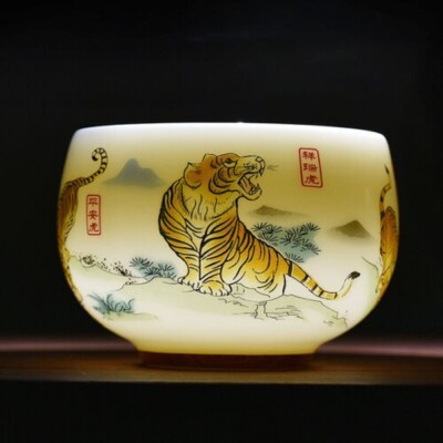 3.38'' Mutton Jade Porcelain Tea Cup Mascot Tiger Print Under Glaze Master Cup