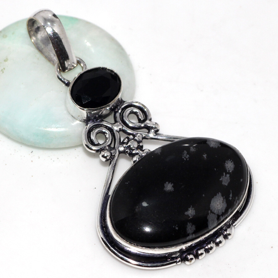 Snowflake Obsidian Black Onyx 925 Silver Plated Gemstone Pendant 2