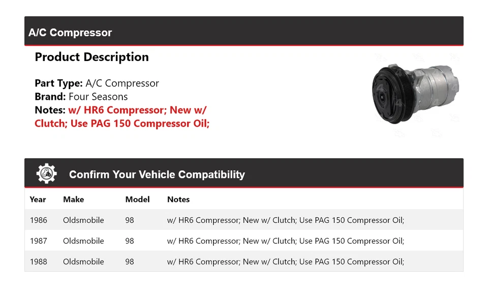 Compresor de aire acondicionado Oldsmobile 98 1986-1988 4 estaciones 1987 Foto 2 de 4