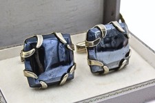 Handsome Marked Pat Pend Black Sqaure Hematite Prong Set Gold Plated Cufflinks