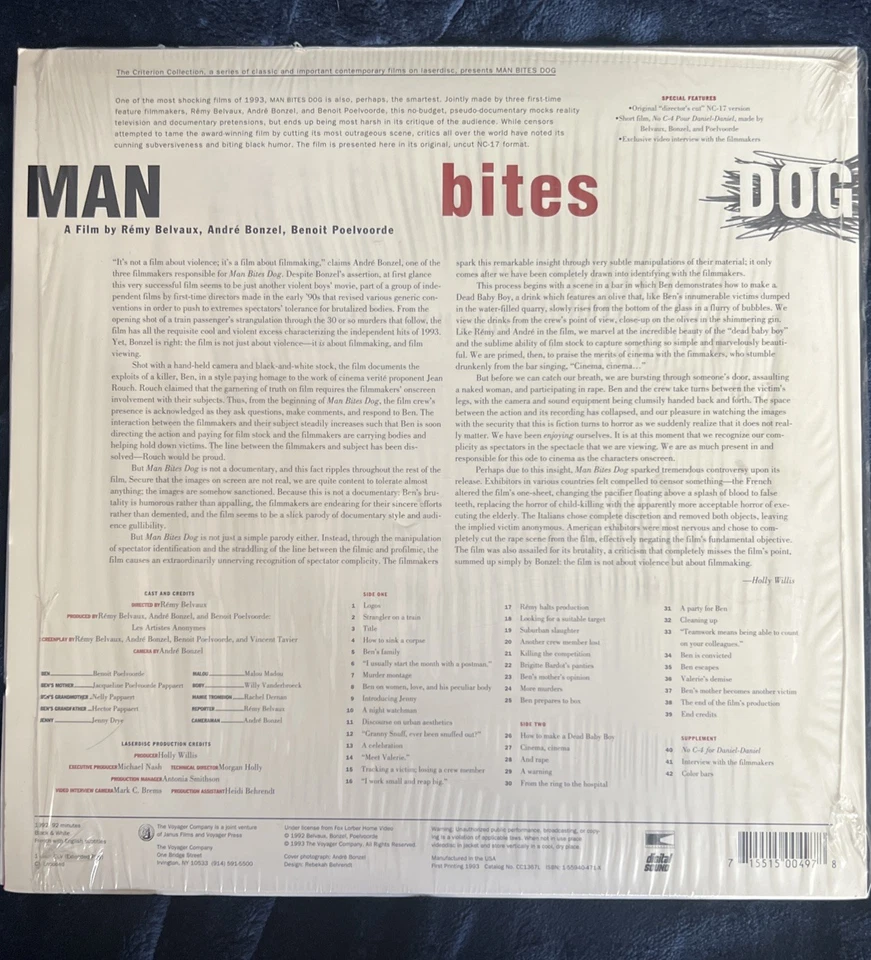 Man Bites Dog (1992) Criterion Collection Laserdisc Cult French Film - Image 2 of 2