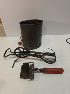 Antique Kitchen Tools Flour Sifter Egg Beater Pasta Cutter
