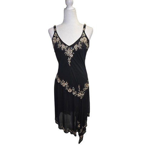 90's Y2K Vintage Black Midi Embroidered 3D floral Whimsey Goth fairy Vampy Dress