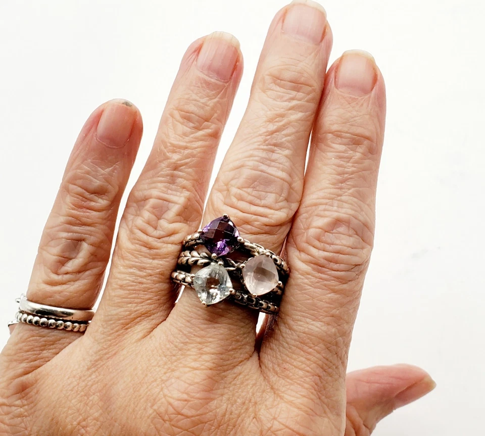 Anillo JAI John Hardy Plata de Ley 925 Amatista Cuarzo Rosa y Topacio Talla 8.75 Foto 4 de 4