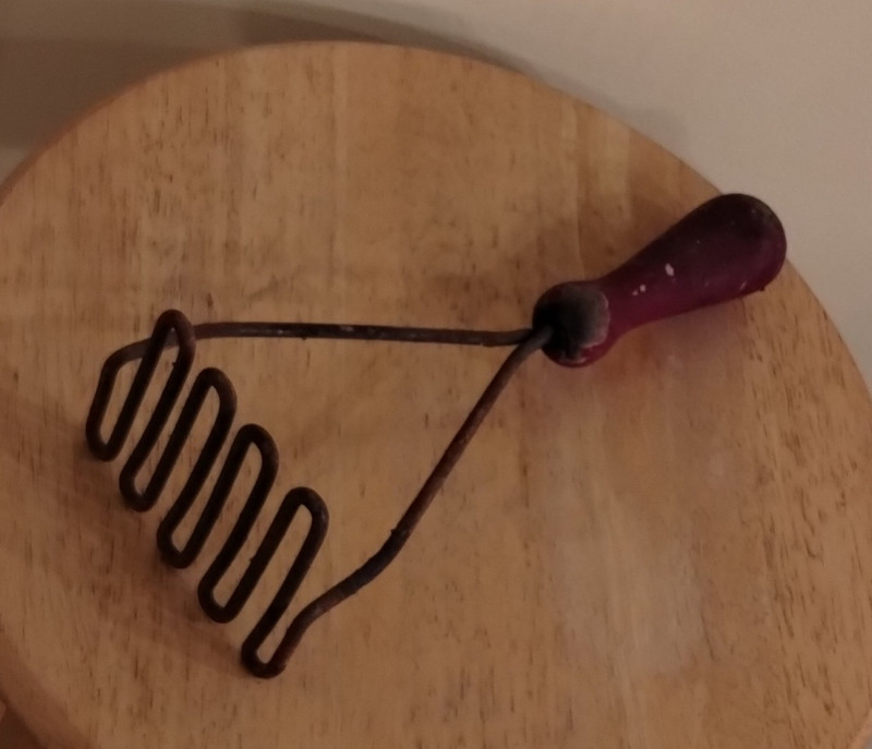 Vintage Wire Potato Masher, Red Wooden Handle, Metal & Wood