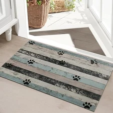 Indoor Door Mat, Rustic Wood Stripe and Pet Track Front Doormats, Dog Paw