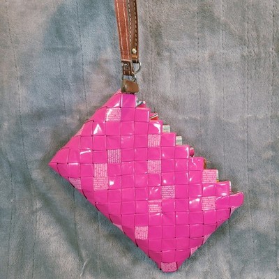 Nahui Ollin Candy Wrapper Wristlet Womens Small Pink Recycled Woven Clutch Bag