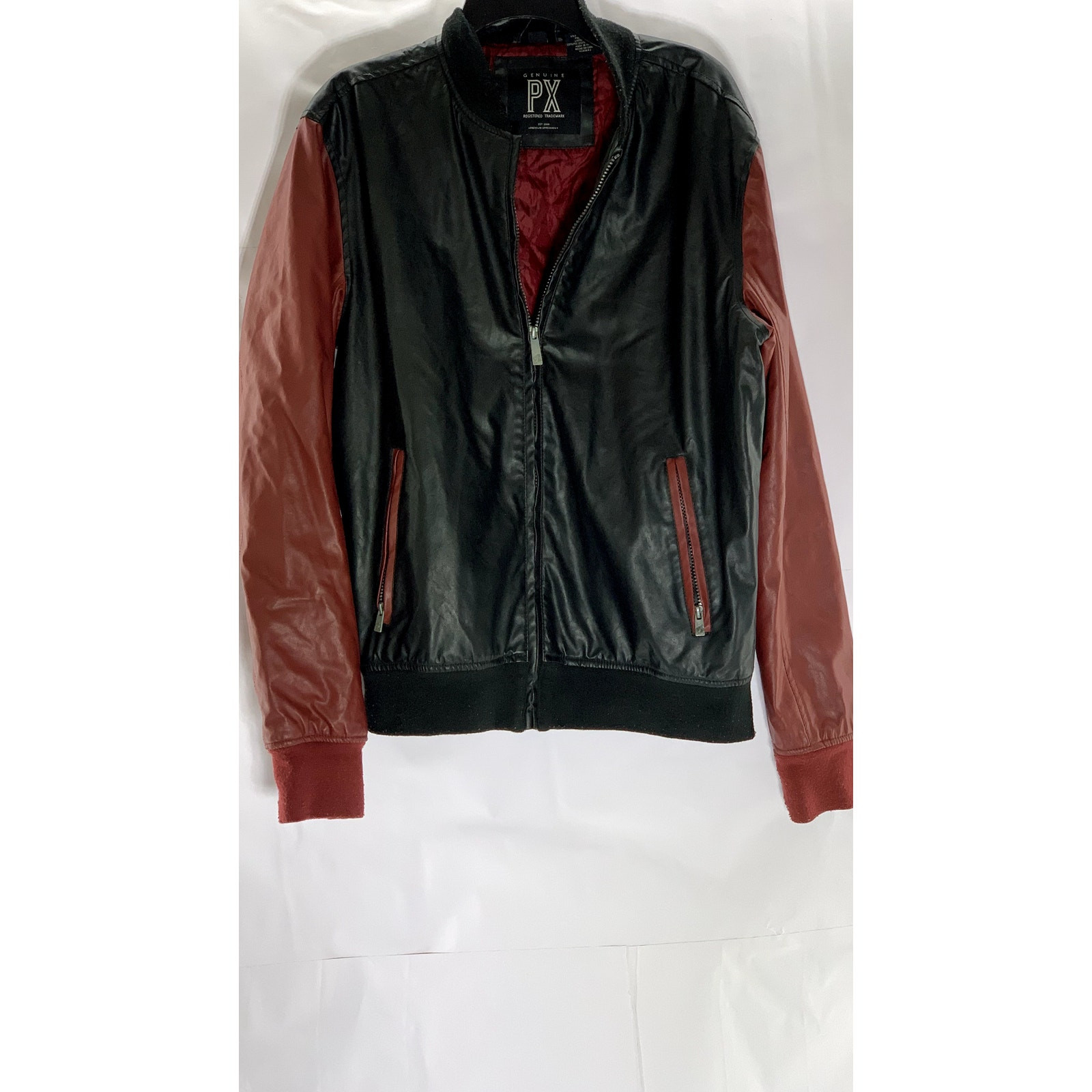 GENUINE PX Men's Vintage Black/Red Colorblock Faux-Leather Zip-Up
