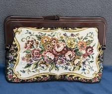 Vintage Floral Tapestry Clutch Purse Handbag Pink Beige Plastic Frame Chain Gold