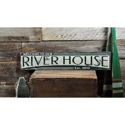 Custom River House Est Date Sign - Rustic Hand Made Distressed Wood - Picture 2 of 3