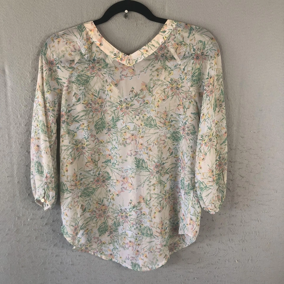 Lauren Conrad Blouse Womens XS Floral Sheer Button Front Pleated Fairy Feminine - Image 2 of 4