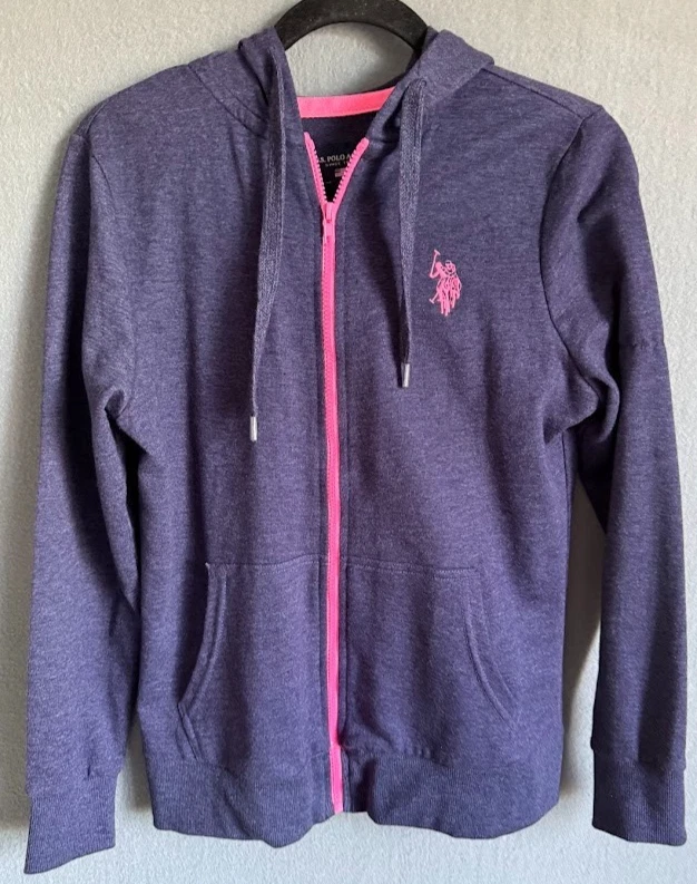 US POLO ASSN Hooded Women Size Medium Purple Full Zip Pockets Pink Logo Casual