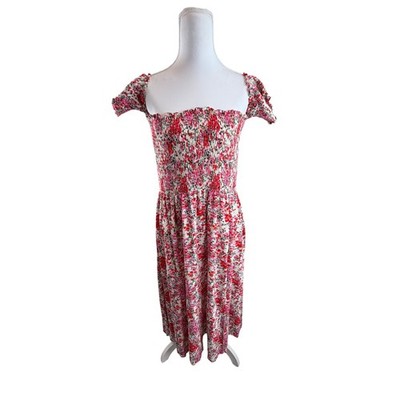 Lulus Floral Smocked Off the Shoulder Red Pink Flowers Midi Dress Women's XL