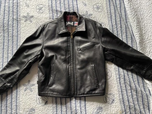 Schott 681 Leather Single Rider Jacket Size 44 Black Collar Flannel Tartan Lined image 8