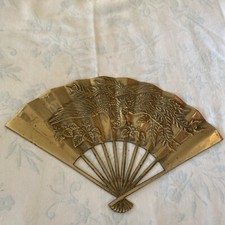 Vintage Ornate Asian Style Brass Wall Decor Fan Golden Dragon Design