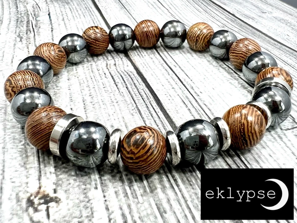 Brazalete de hombre con cuentas de piedras preciosas de sándalo + hematita de 10 mm de acero inoxidable de 8" L de cadera Foto 4 de 4