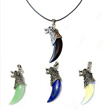 1x Wolftooth Gemstone Antique Silver Pendant Real Leather Black Cord Necklace