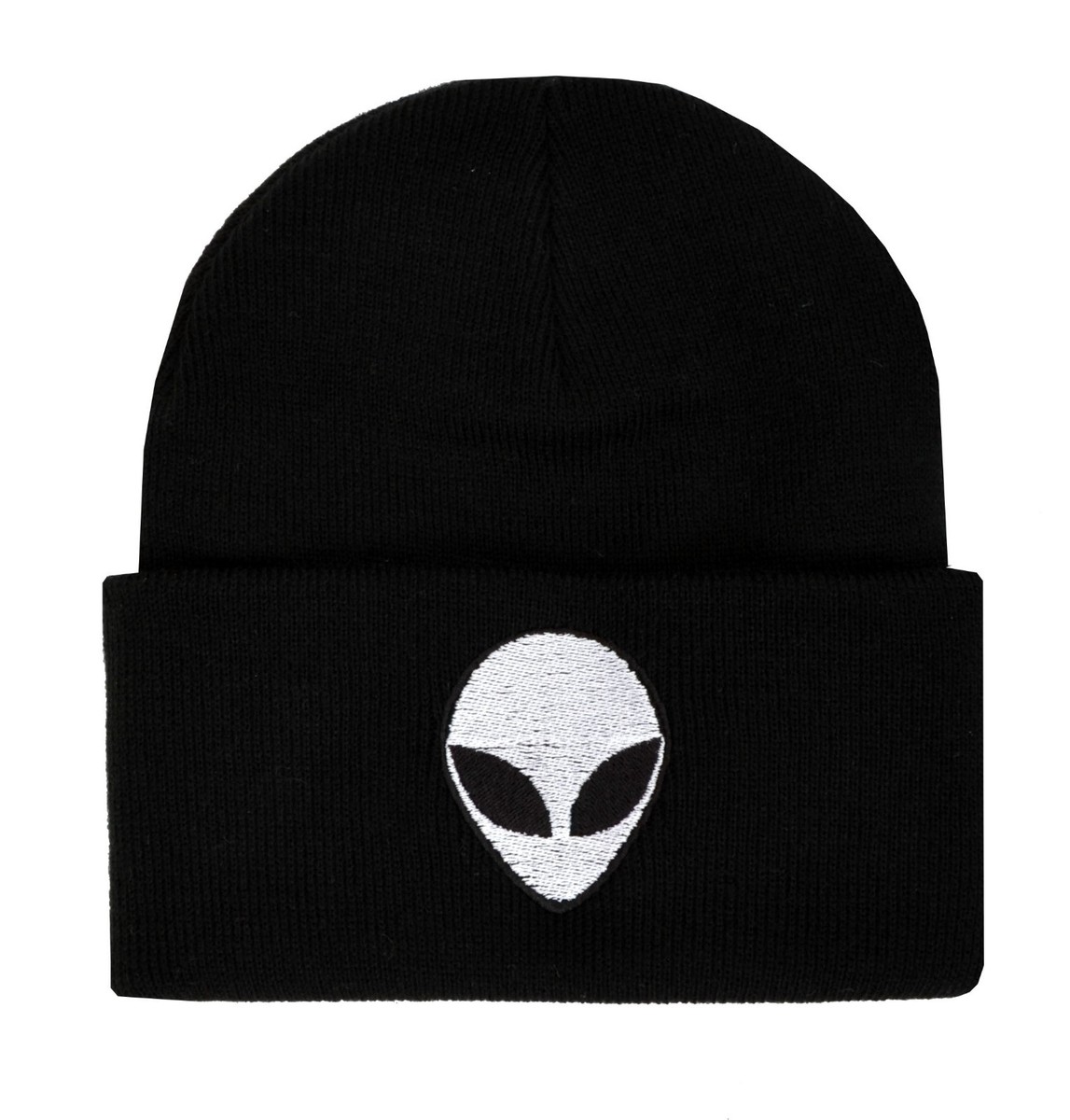 BLACK ALIEN BEANIE WINTER HAT EMBROIDERED CYBER GOTH RAVE 90s