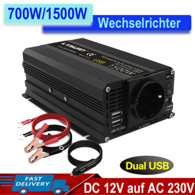 700W 1500W Wechselrichter 12V auf 230V 2USB für Laptop Spannungswandler Reisen