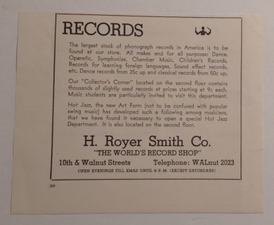 1939 H. Royer Smith Co. - The World's Record Shop Advertisement Philadelphia PA