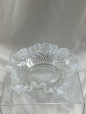 Vintage Fenton White Opalescent Hobnail Ruffled Edge Dish 4.5 W