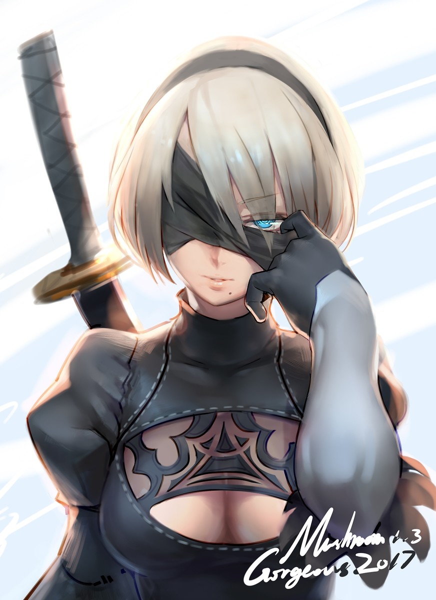Anime white hair gloves blue eyes nier automata short Playmat