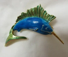 Vintage "dag" Spain Gold Tone Blue and Green Enamel Marlin Swordfish Brooch
