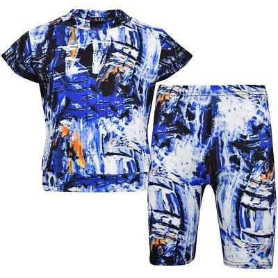 Enfants Filles Manches Courtes Bleu Haut Imprimé Tie&dye Débardeur & Short De - Photo 1/2