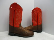 Old West Brown Orange Leather Square Toe Cowboy Boots Youth Sz 4.5 D Sty BSY1811