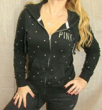 Victoria's Secret Pink Perfect Full Zip Black Studded Hoodie Sweatshirt, XS, GUC
