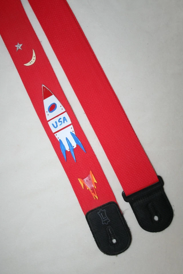 CORREA DE GUITARRA HECHA A MANO Jr CHARLIE FAST ROCKET SHIP SPACE ALIENS ARTE POPULAR AMERICANO Foto 4 de 4