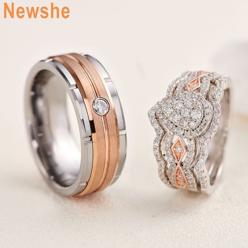 Newshe Rose Gold His and Her Wedding Ring Set Men Tungsten Women 925 Silver - Picture 1 of 7