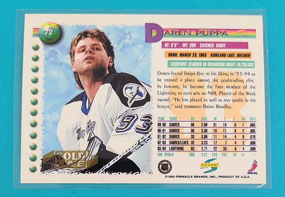 1994-95 Score Gold Line #72 Daren Puppa Tampa Bay Lightning HOCKEY Card U8 - Image 2 of 2