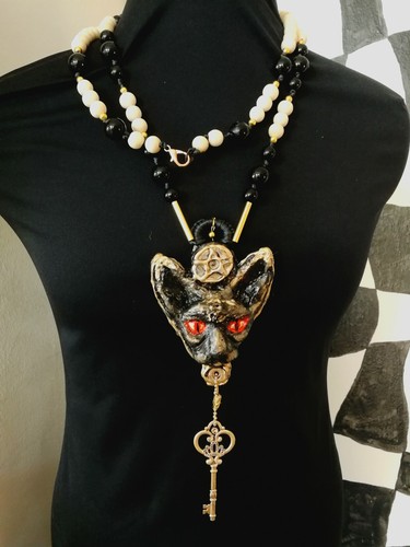 sphynx cat pendant jewelry pearl symbolic stones bead necklace golden silver key - Picture 4 of 24