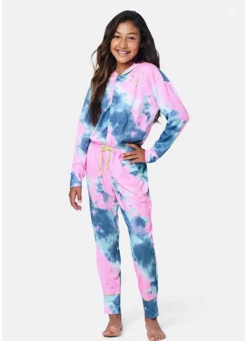 NWT 12 14 justice tie dye jumpsuit ombre hoodie pajamas sleeper loungewear  fall