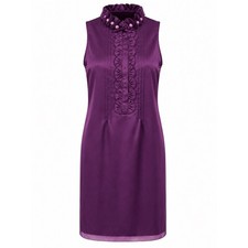 Elie Tahari Purple Silk Shift Dress Sleeveless Ruffle Beaded Designer Small
